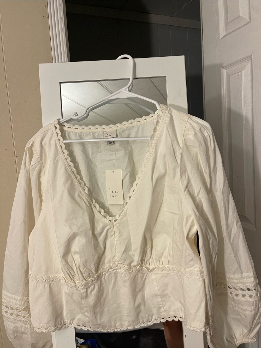 a new day Cream V-Neck Peasant Top with Lace Trim